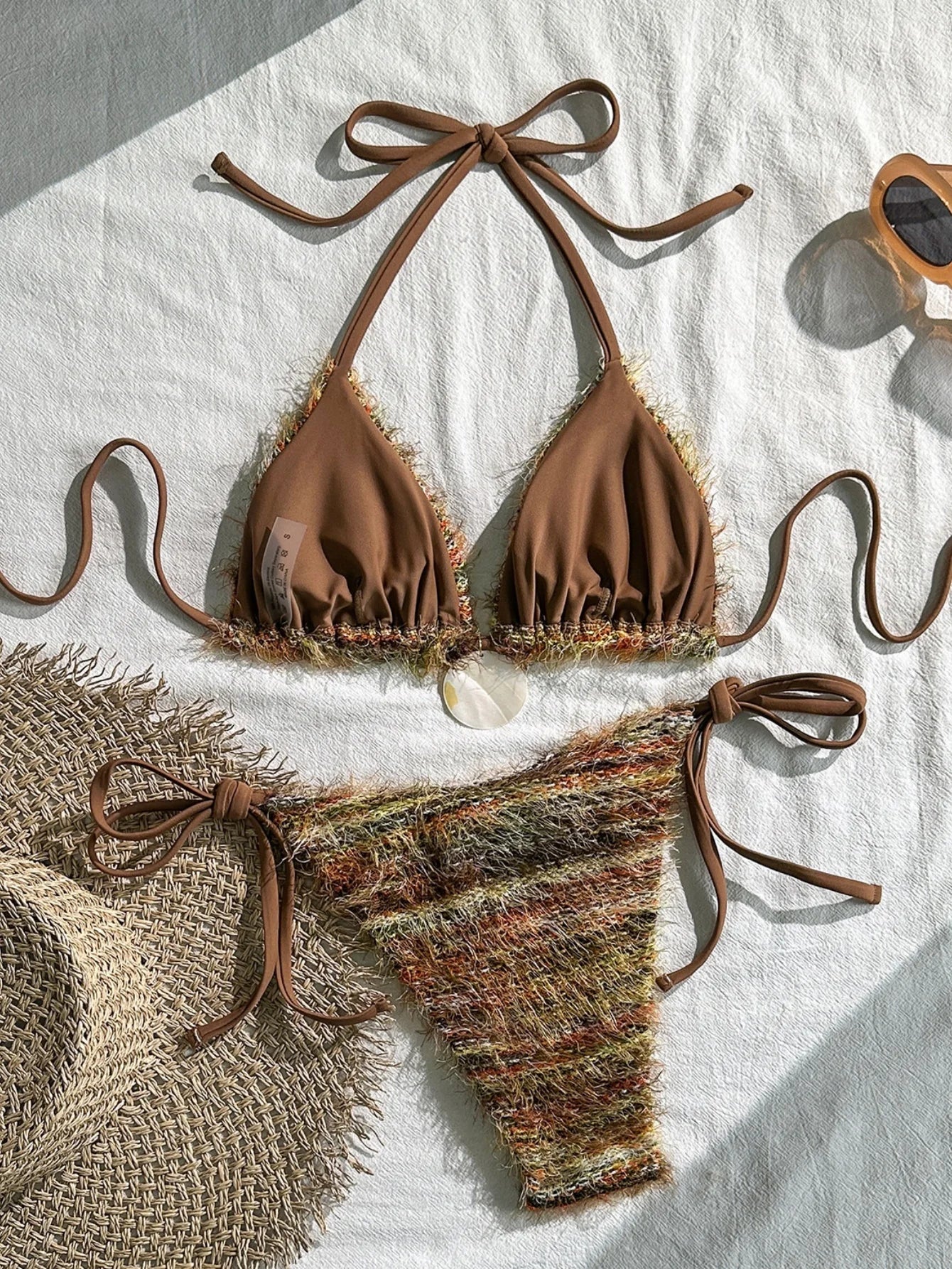 Coffee Striped Micro Bikini Towel Cloth Circle Push Up Bra Tie Side Thong Swimsuit Bathing Suit