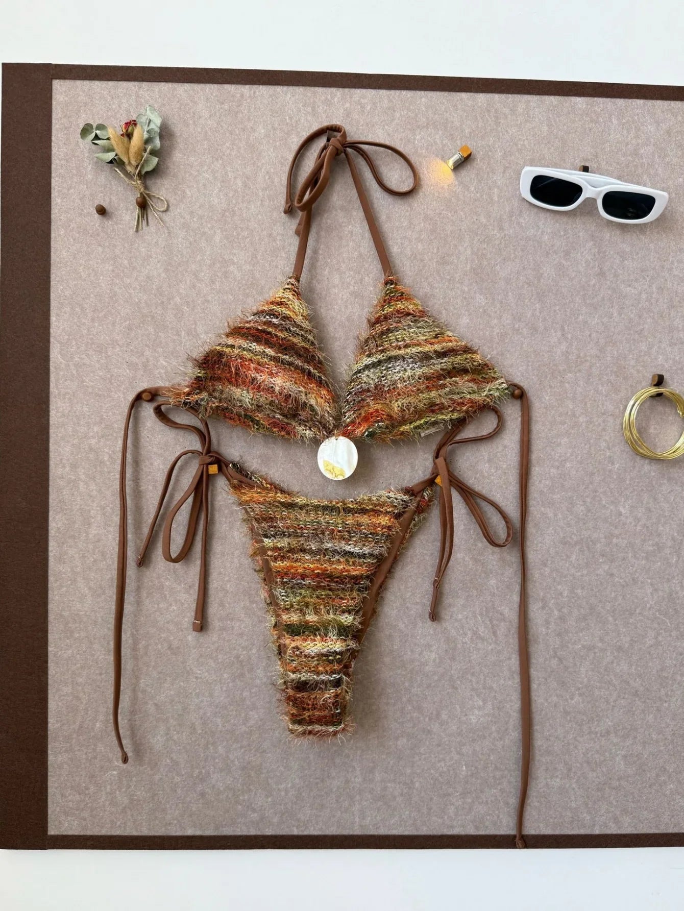 Coffee Striped Micro Bikini Towel Cloth Circle Push Up Bra Tie Side Thong Swimsuit Bathing Suit