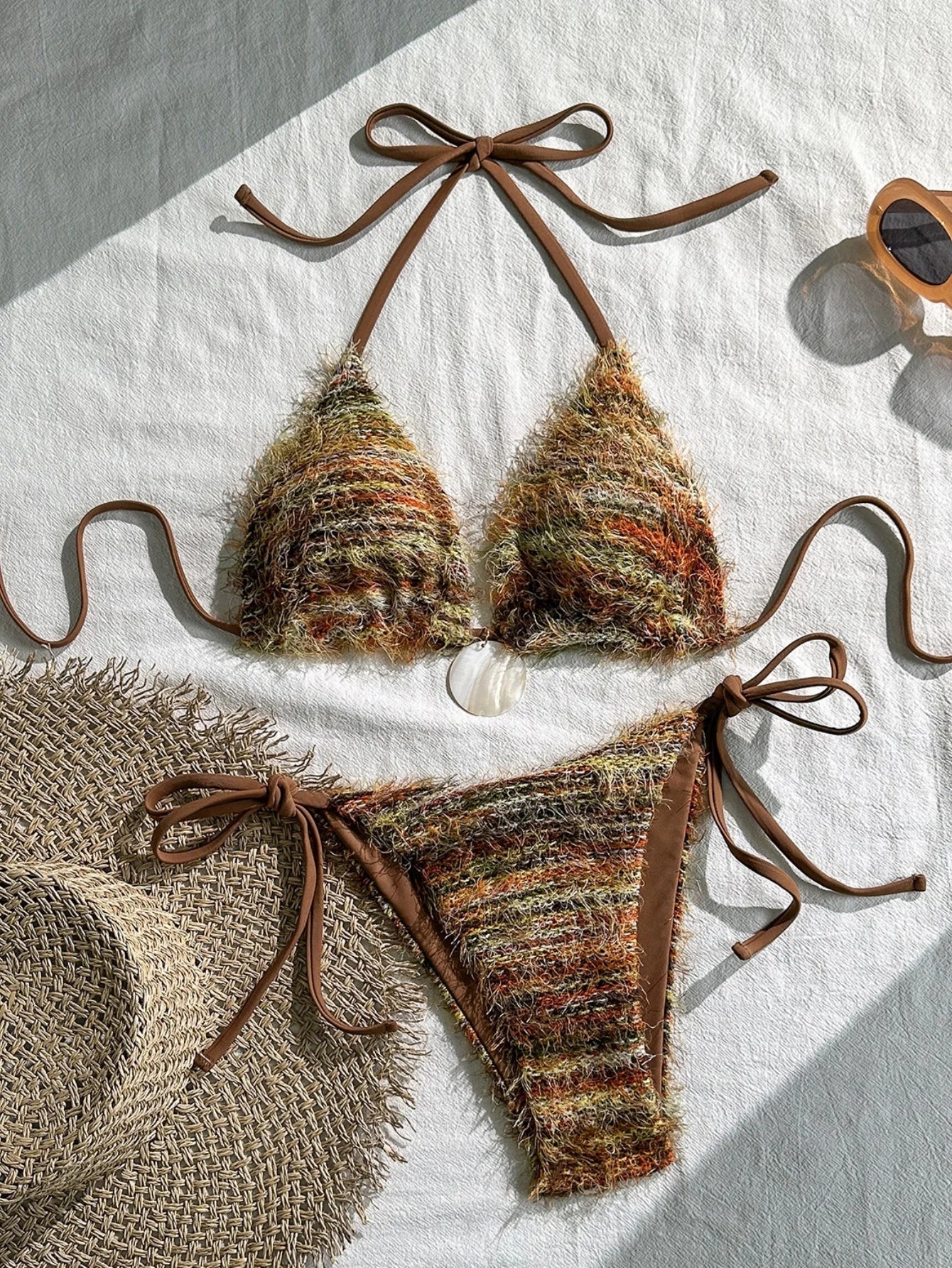 Coffee Striped Micro Bikini Towel Cloth Circle Push Up Bra Tie Side Thong Swimsuit Bathing Suit