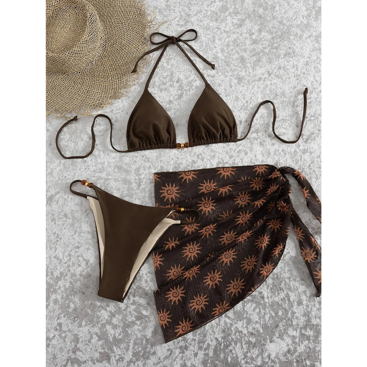 Coffee Sun Print Cover Up 3 Piece Bikini Set