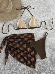 Coffee Sun Print Cover Up 3 Piece Bikini Set