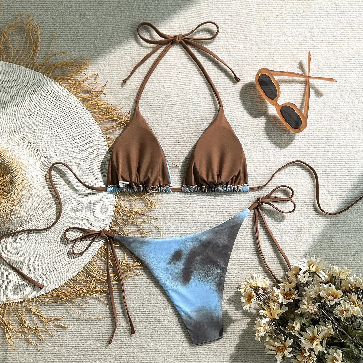 Coffee Tie Dye Micro Bikini Halter Bandage Thong Swimsuit Push Up Bathing Suit Biquini