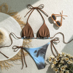 Coffee Tie Dye Micro Bikini Halter Bandage Thong Swimsuit Push Up Bathing Suit Biquini