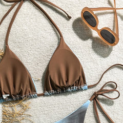 Coffee Tie Dye Micro Bikini Halter Bandage Thong Swimsuit Push Up Bathing Suit Biquini