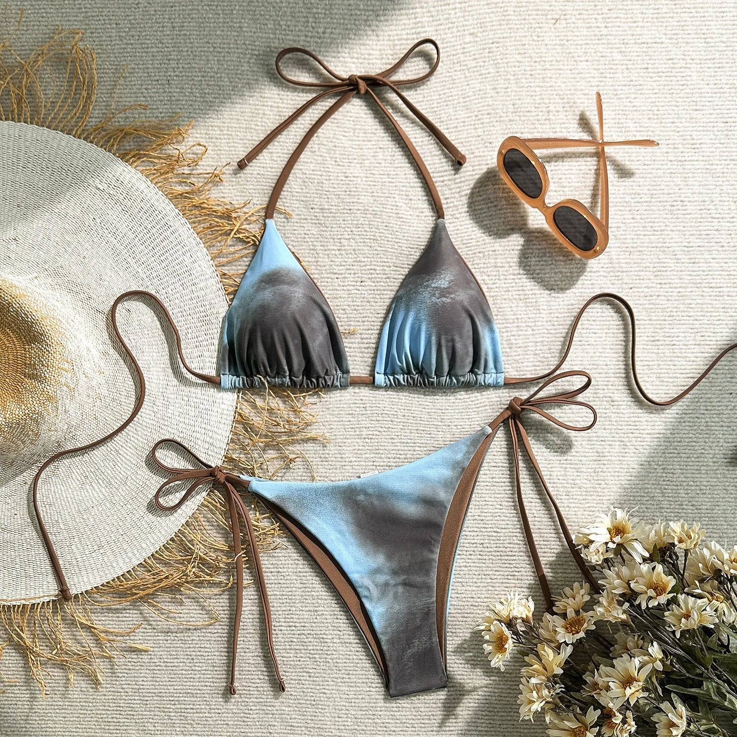 Coffee Tie Dye Micro Bikini Halter Bandage Thong Swimsuit Push Up Bathing Suit Biquini