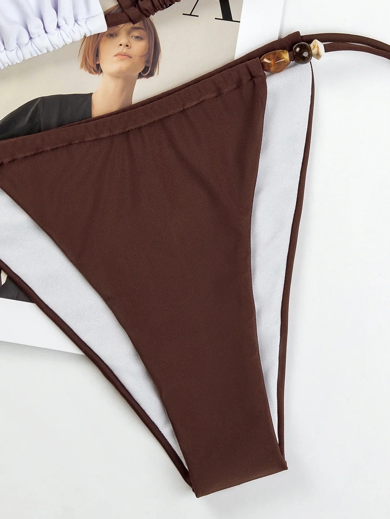 Coffee White Patchwork Micro Bikini Halter Push Up Bra Tie Side Thong Swimsuit Bathing Suit