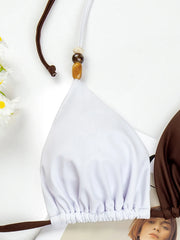 Coffee White Patchwork Micro Bikini Halter Push Up Bra Tie Side Thong Swimsuit Bathing Suit