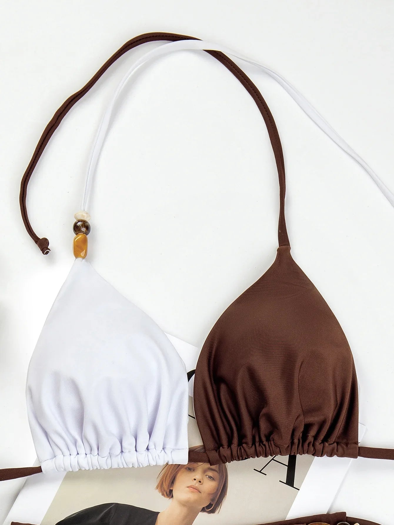 Coffee White Patchwork Micro Bikini Halter Push Up Bra Tie Side Thong Swimsuit Bathing Suit
