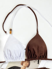 Coffee White Patchwork Micro Bikini Halter Push Up Bra Tie Side Thong Swimsuit Bathing Suit