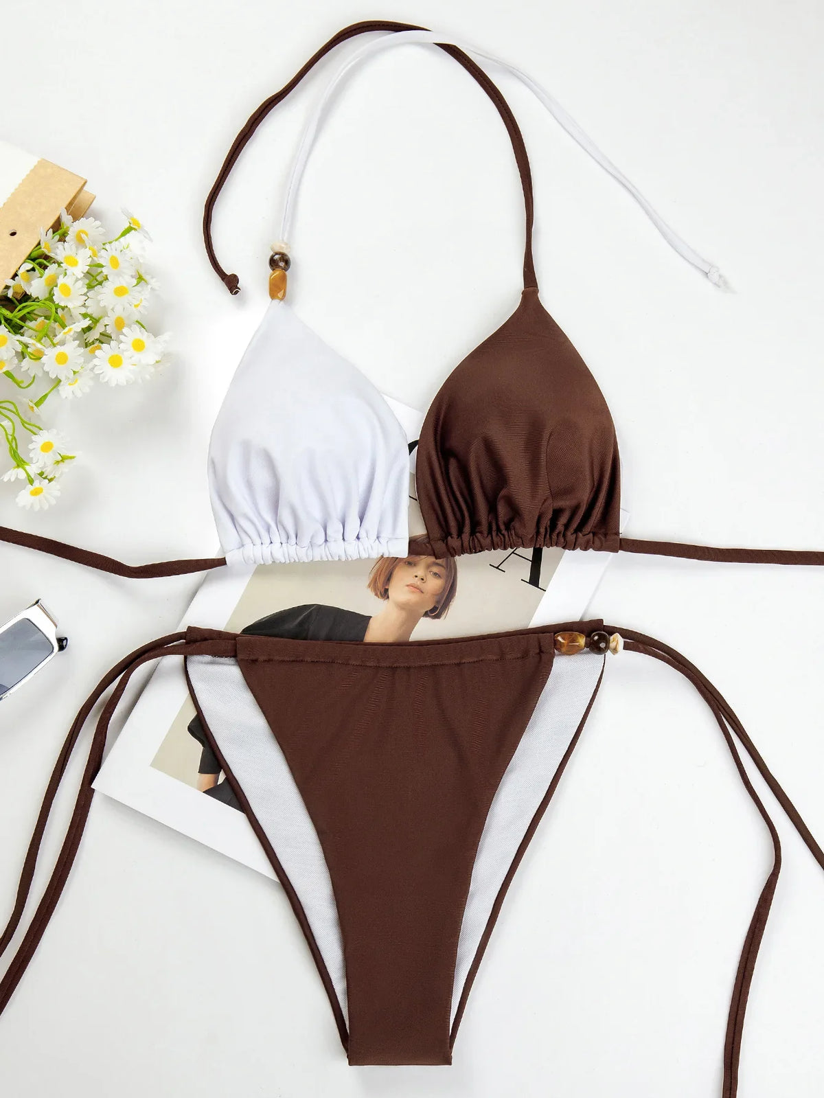 Coffee White Patchwork Micro Bikini Halter Push Up Bra Tie Side Thong Swimsuit Bathing Suit
