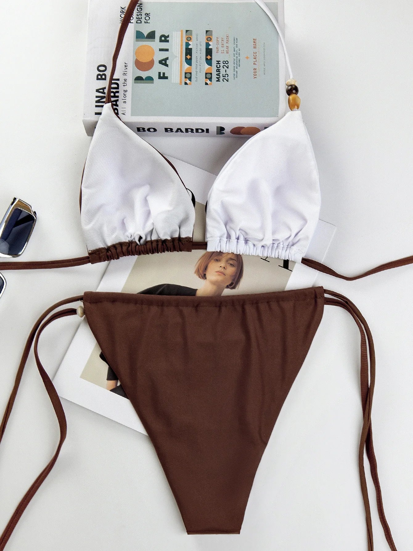 Coffee White Patchwork Micro Bikini Halter Push Up Bra Tie Side Thong Swimsuit Bathing Suit