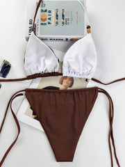 Coffee White Patchwork Micro Bikini Halter Push Up Bra Tie Side Thong Swimsuit Bathing Suit