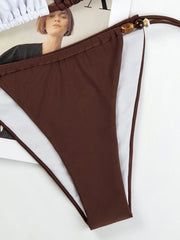 Coffee White Patchwork Micro Bikini Halter Push Up Bra Tie Side Thong Swimsuit Bathing Suit