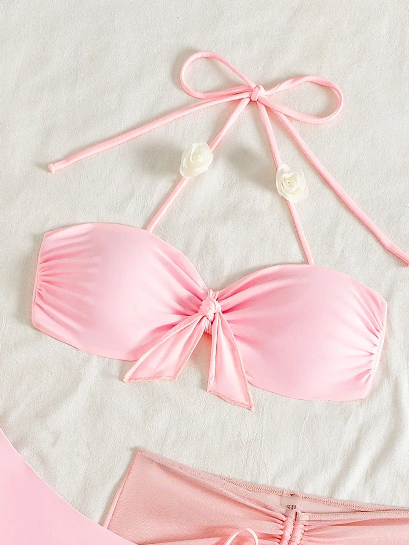 Drawstring Mesh Pleate Mesh 3 Piece Bikini Pink Front Bow Push Up Thong Swimsuit Beach Bathing Suit Swimwear