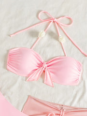 Drawstring Mesh Pleate Mesh 3 Piece Bikini Pink Front Bow Push Up Thong Swimsuit Beach Bathing Suit Swimwear