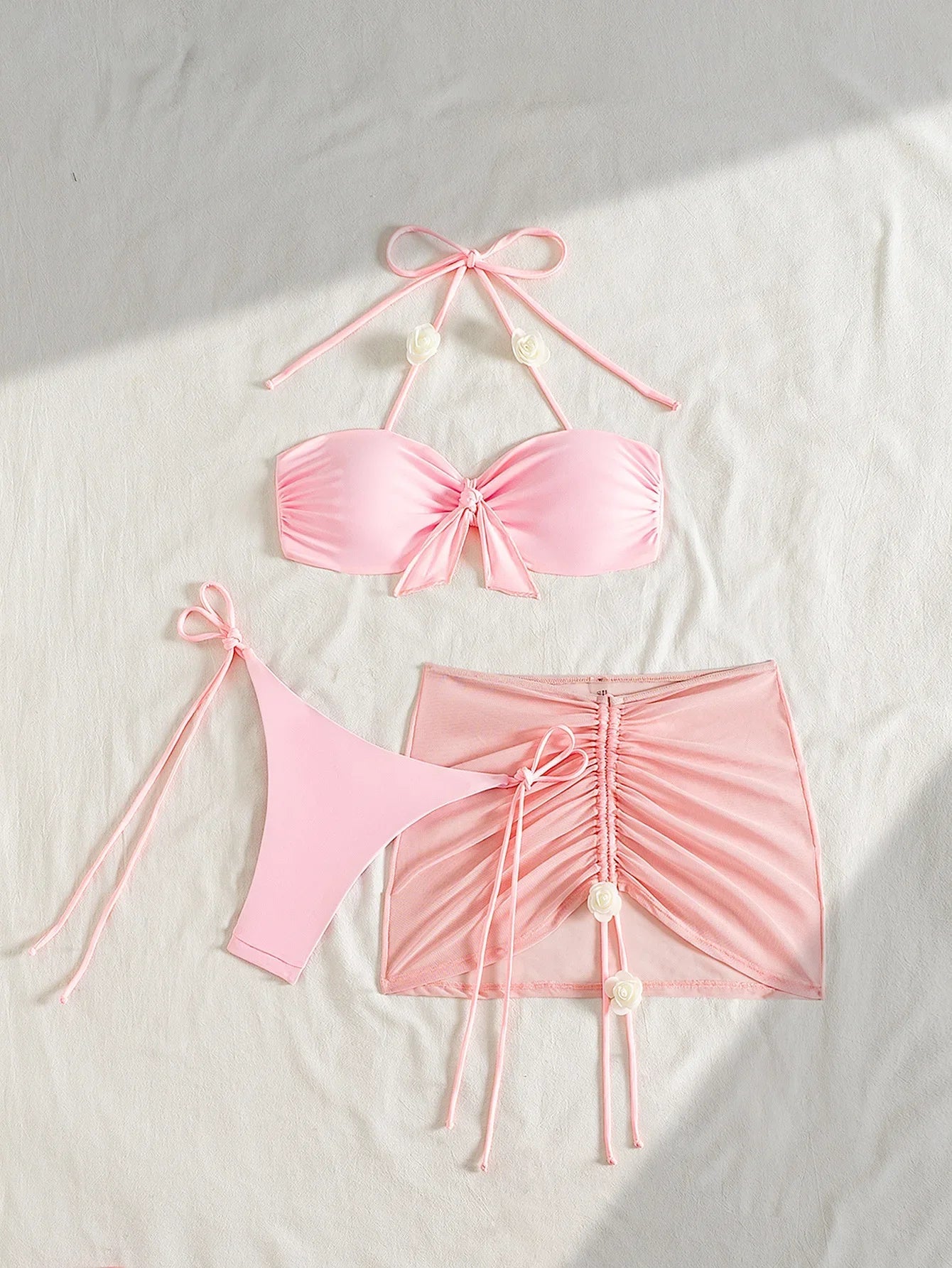 Drawstring Mesh Pleate Mesh 3 Piece Bikini Pink Front Bow Push Up Thong Swimsuit Beach Bathing Suit Swimwear