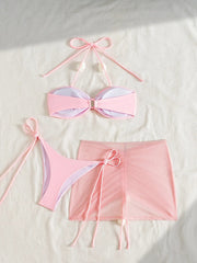 Drawstring Mesh Pleate Mesh 3 Piece Bikini Pink Front Bow Push Up Thong Swimsuit Beach Bathing Suit Swimwear
