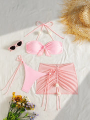 Drawstring Mesh Pleate Mesh 3 Piece Bikini Pink Front Bow Push Up Thong Swimsuit Beach Bathing Suit Swimwear