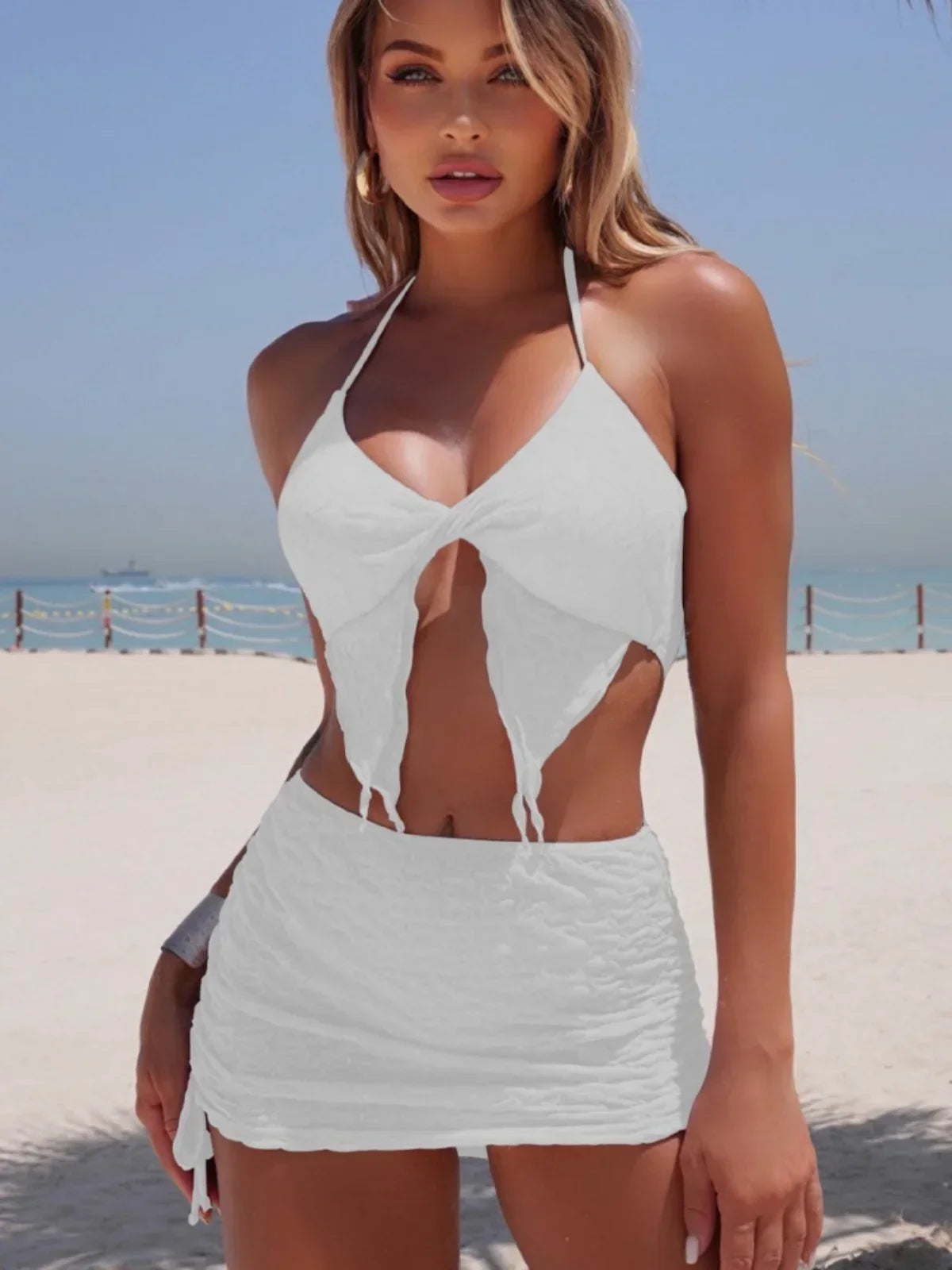 Drawstring Pleate Skirt 3 Piece Bikini Set