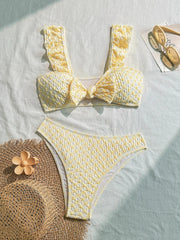Front Knot Bow Micro Bikini Mujer Yellow Ruffles Push Up High Waist Swimsuit Beach Bathing Suit