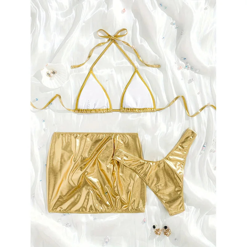 Gold Bikini Mujer Pu Leather Push Up Bra Metal Chain Skirt 3 Piece Swimsuit Beach Bathing Suit