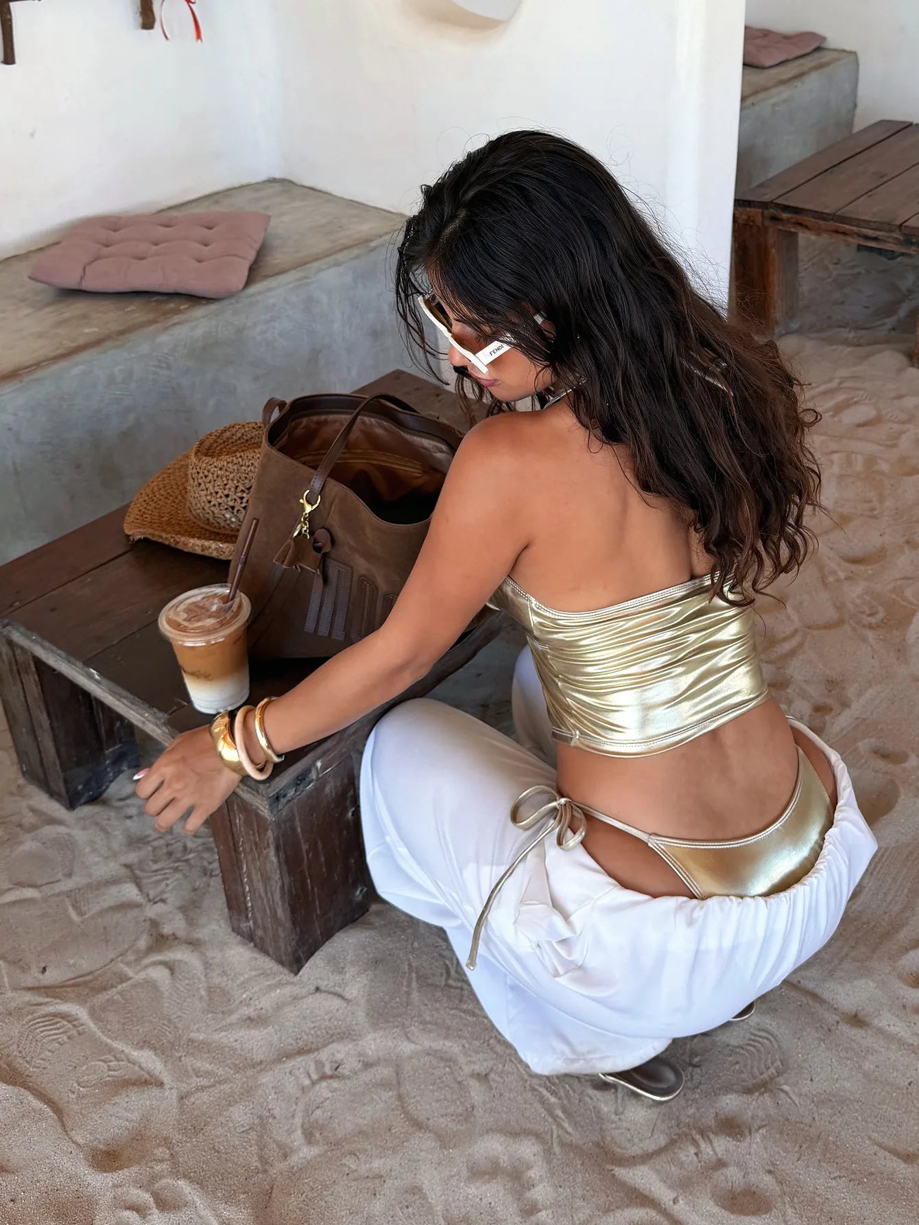 Gold Leather Two Piece Bikini Set