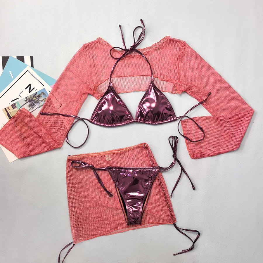 Gold Mesh Long Sleeve Cover Up Skirt 4 Piece Swimsuit Swimwear Leather Push Up Bra Bathing Suit Swimsuit