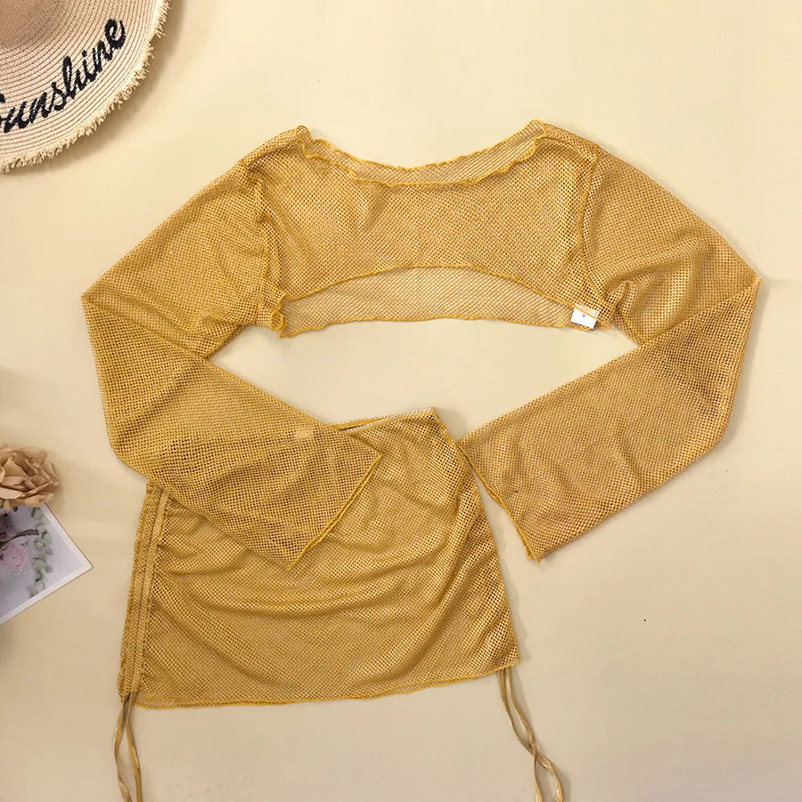 Gold Mesh Long Sleeve Cover Up Skirt 4 Piece Swimsuit Swimwear Leather Push Up Bra Bathing Suit Swimsuit