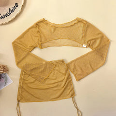 Gold Mesh Long Sleeve Cover Up Skirt 4 Piece Swimsuit Swimwear Leather Push Up Bra Bathing Suit Swimsuit