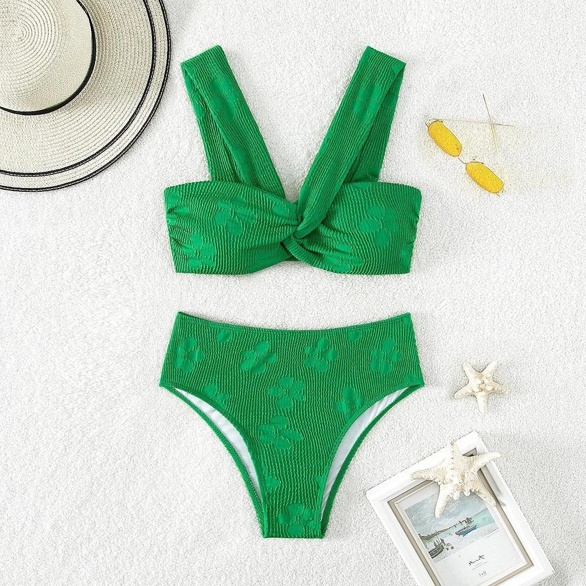 Green 3D Floral Bikini Set