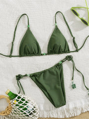 Green Bikini Bead String Push Up Bra Tie Side Bandage Thong Swimsuit Bathing Suit Backless Micro Swimwear