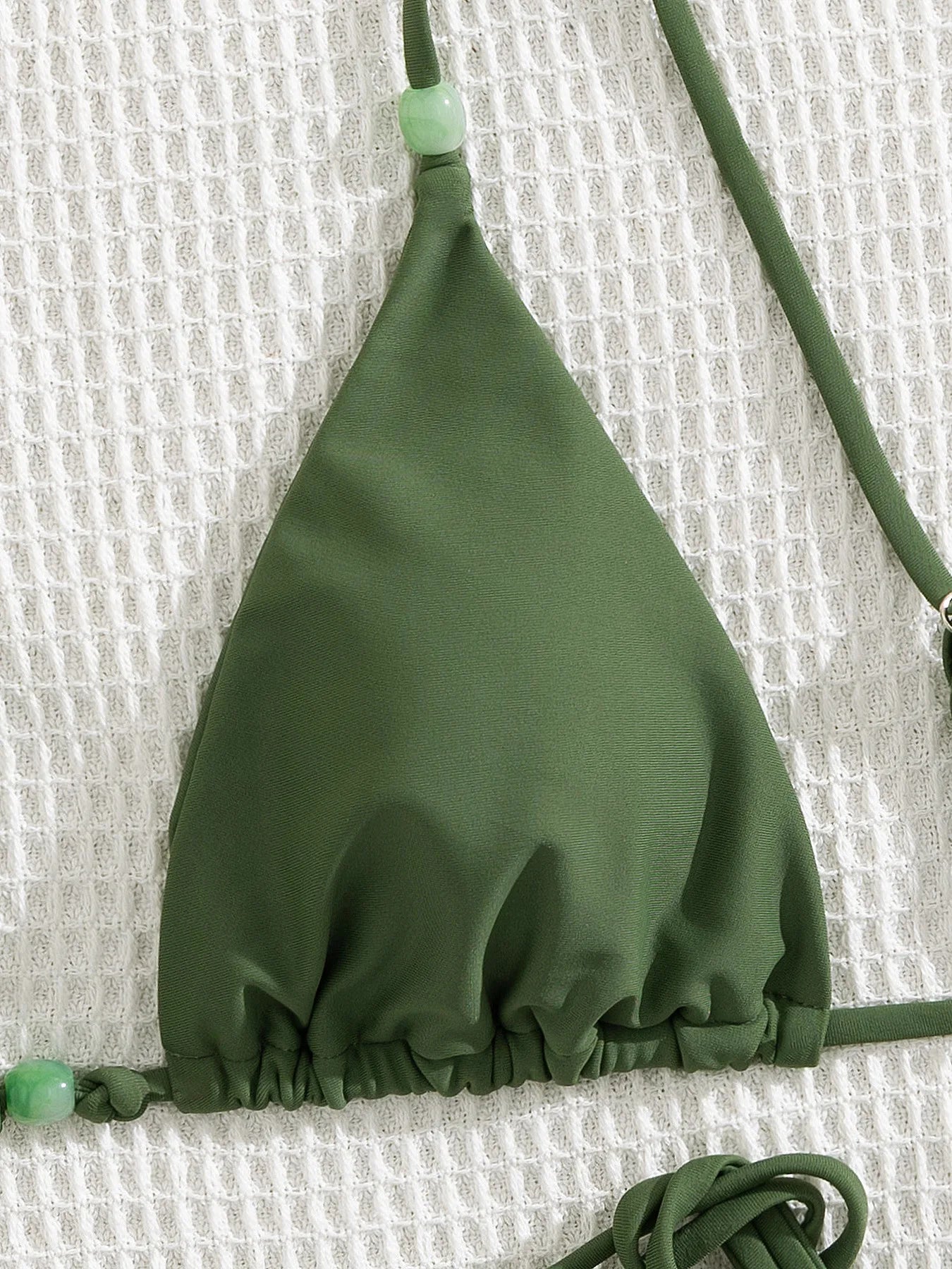 Green Bikini Bead String Push Up Bra Tie Side Bandage Thong Swimsuit Bathing Suit Backless Micro Swimwear