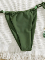 Green Bikini Bead String Push Up Bra Tie Side Bandage Thong Swimsuit Bathing Suit Backless Micro Swimwear