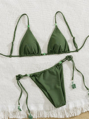 Green Bikini Bead String Push Up Bra Tie Side Bandage Thong Swimsuit Bathing Suit Backless Micro Swimwear