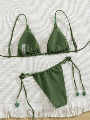 Green Bikini Bead String Push Up Bra Tie Side Bandage Thong Swimsuit Bathing Suit Backless Micro Swimwear