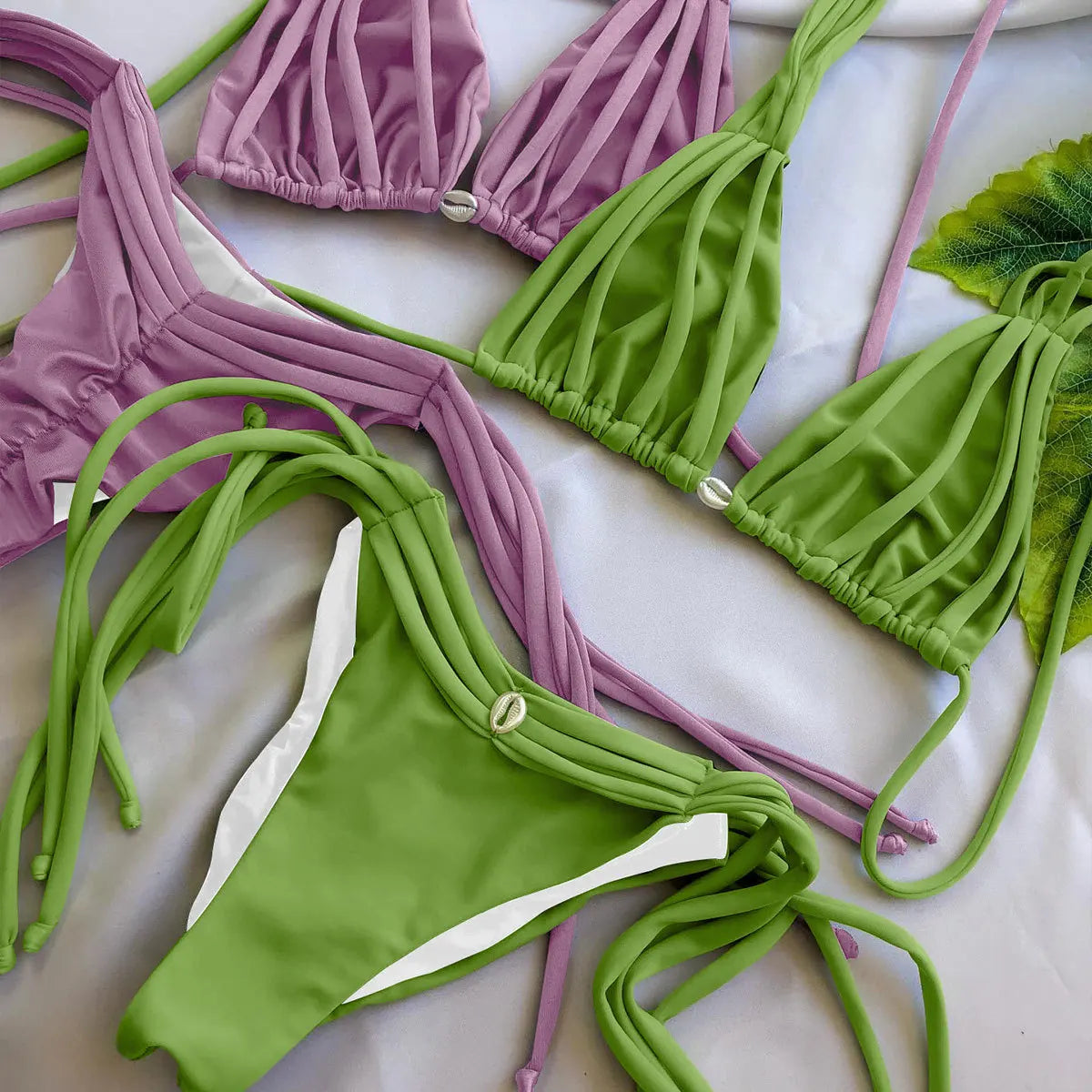 Green Bikini Braiding Rope Bandage Push Up Tassel Shell Thong Swimsuit Bathing Suit Two Piece Swimwear