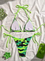Green Camouflage Print Micro Bikini Halter Push Up Tie Side Thong Swimsuit Brazilian Beach Bathing Suit Swimwear