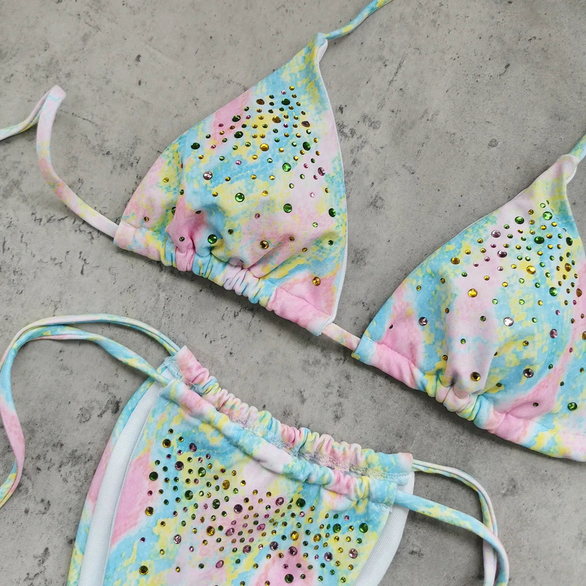 Green Diamond Micro Bikini Gradient Pleate Push Up Bra Tie Side Thong Swimwear Bathing Suit Holiday Swimsuit
