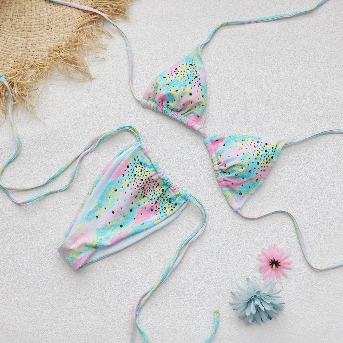 Green Diamond Micro Bikini Gradient Pleate Push Up Bra Tie Side Thong Swimwear Bathing Suit Holiday Swimsuit