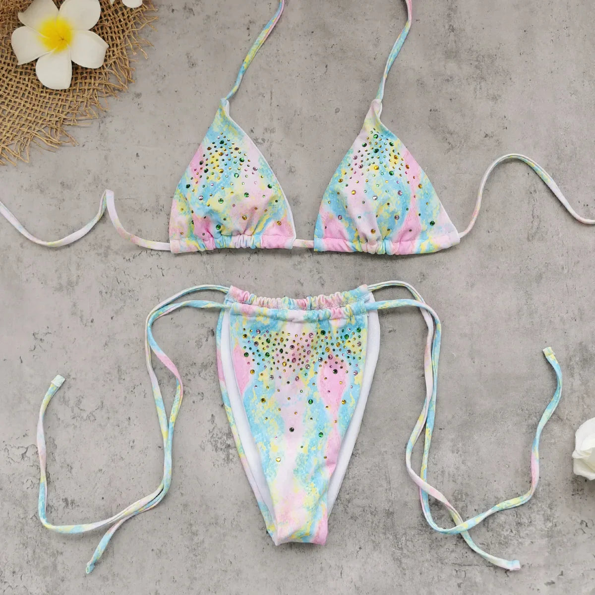 Green Diamond Micro Bikini Gradient Pleate Push Up Bra Tie Side Thong Swimwear Bathing Suit Holiday Swimsuit