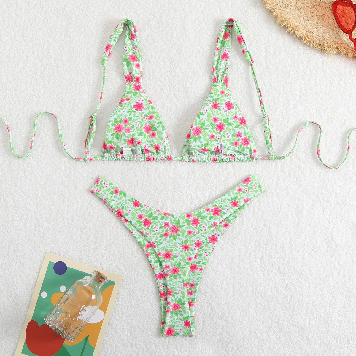 Green Floral Print Swimwear Halter Push Up Thong Bikinis Sets
