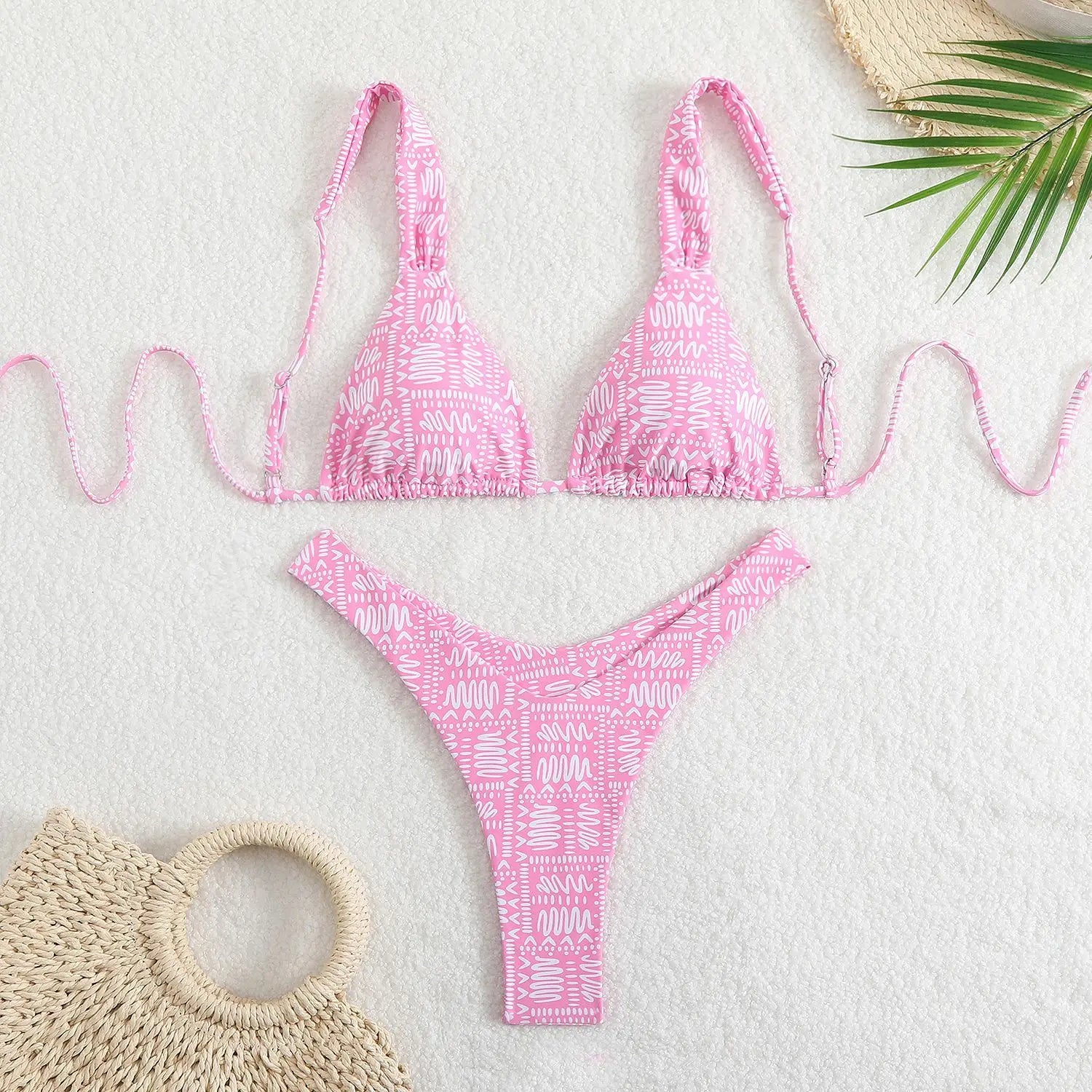 Green Floral Print Swimwear Halter Push Up Thong Bikinis Sets