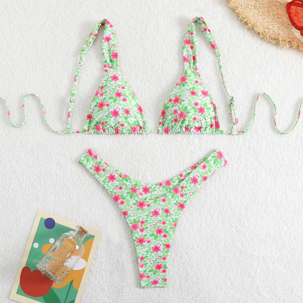 Green Floral Print Swimwear Halter Push Up Thong Bikinis Sets