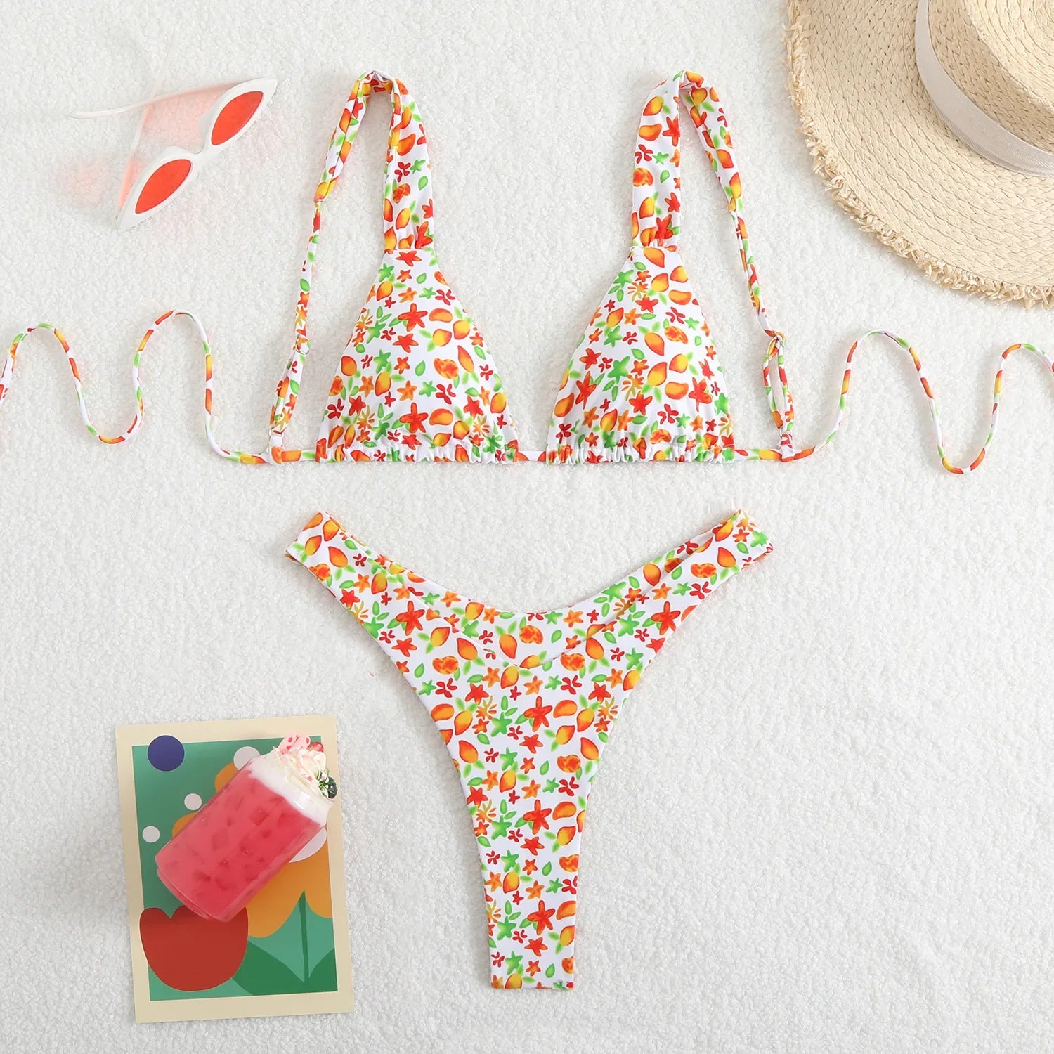 Green Floral Print Swimwear Halter Push Up Thong Bikinis Sets