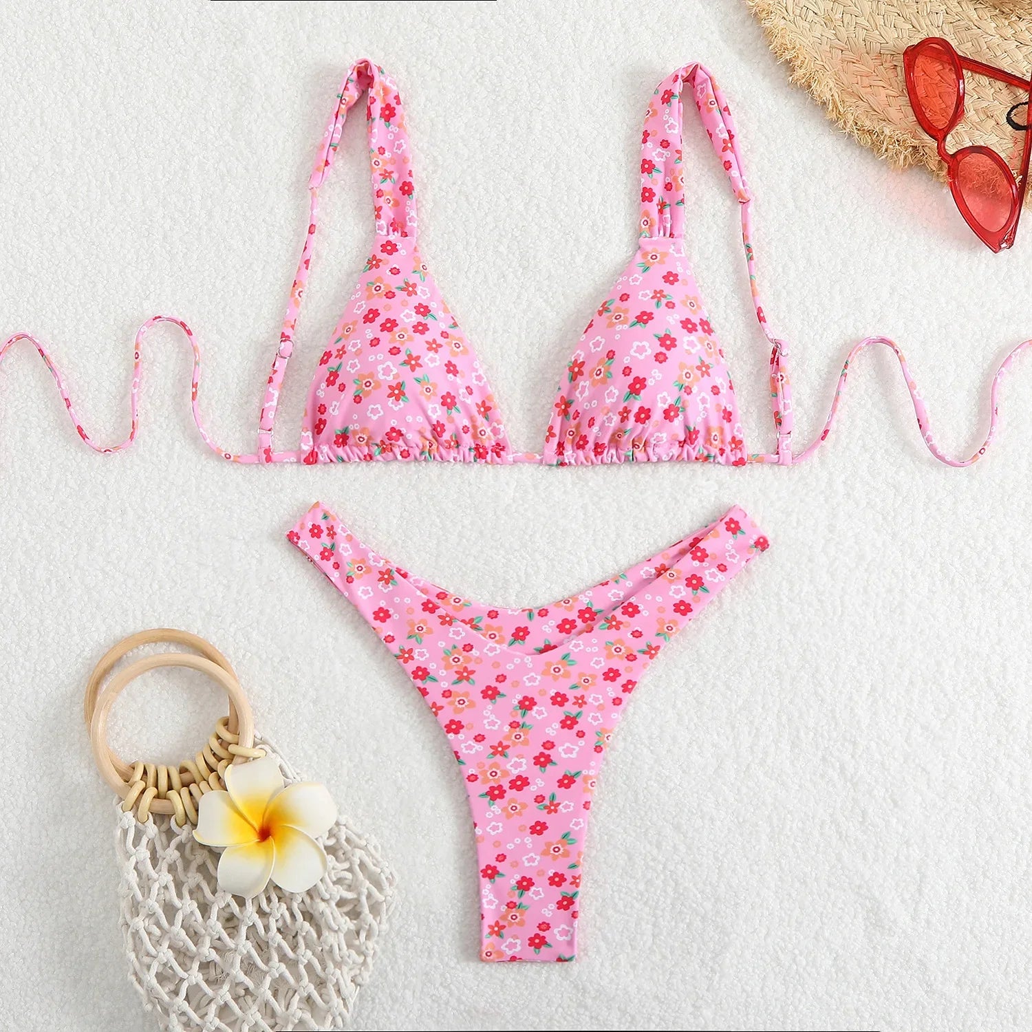 Green Floral Print Swimwear Halter Push Up Thong Bikinis Sets