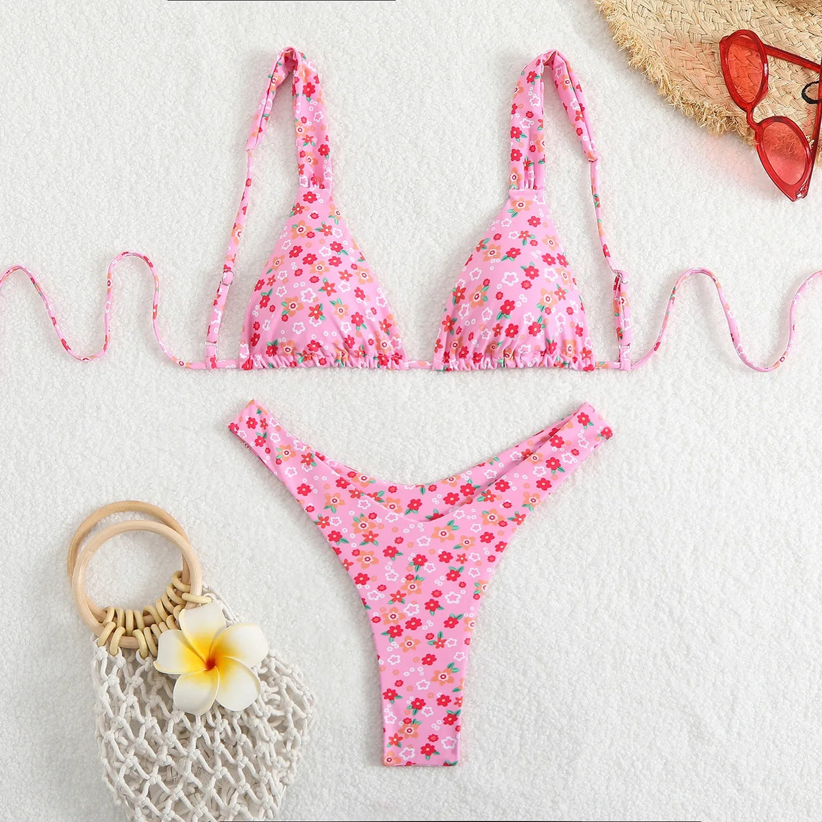 Green Floral Print Swimwear Halter Push Up Thong Bikinis Sets