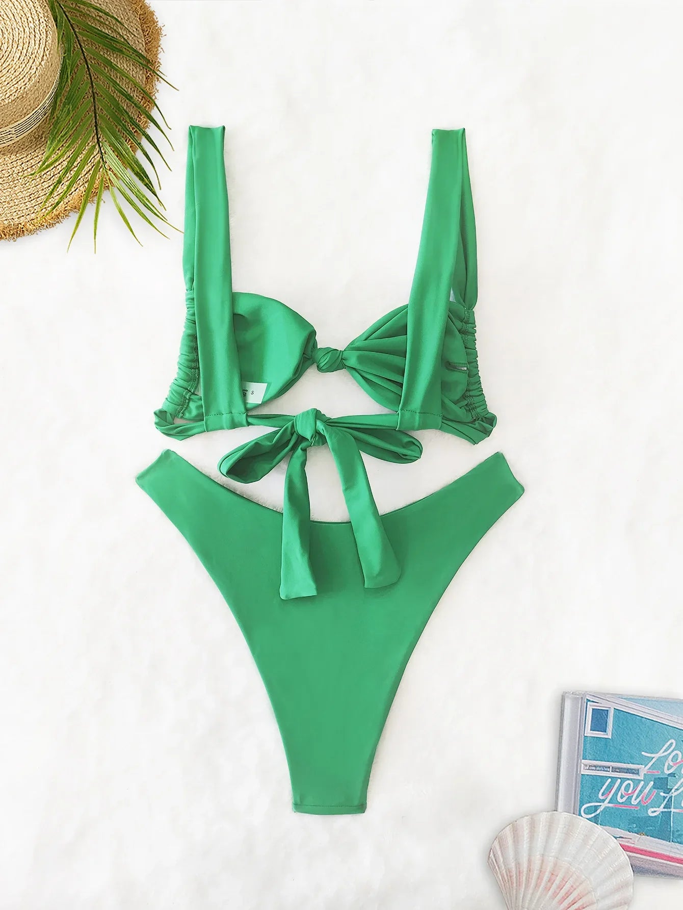 Green Front Tie Micro Bikini Pleate Push Up Bra Mid Waist Swimsuit Bandage Bathing Suit Vacation Swimwear