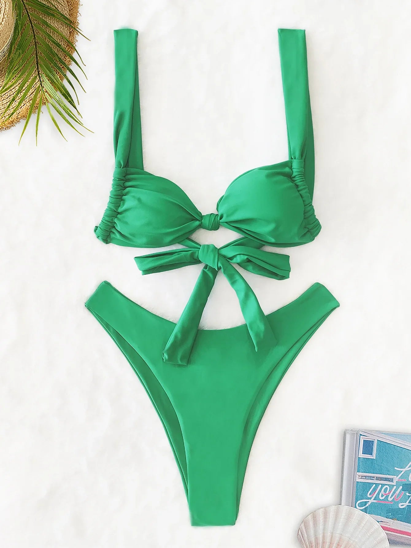Green Front Tie Micro Bikini Pleate Push Up Bra Mid Waist Swimsuit Bandage Bathing Suit Vacation Swimwear