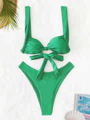 Green Front Tie Micro Bikini Pleate Push Up Bra Mid Waist Swimsuit Bandage Bathing Suit Vacation Swimwear