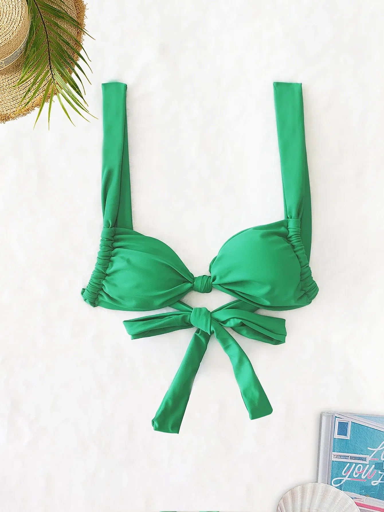Green Front Tie Micro Bikini Pleate Push Up Bra Mid Waist Swimsuit Bandage Bathing Suit Vacation Swimwear